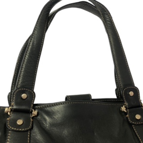 Liz Claiborne Black Leather Tote with Center Zip Divider Pouch and Pockets - Picture 4 of 11